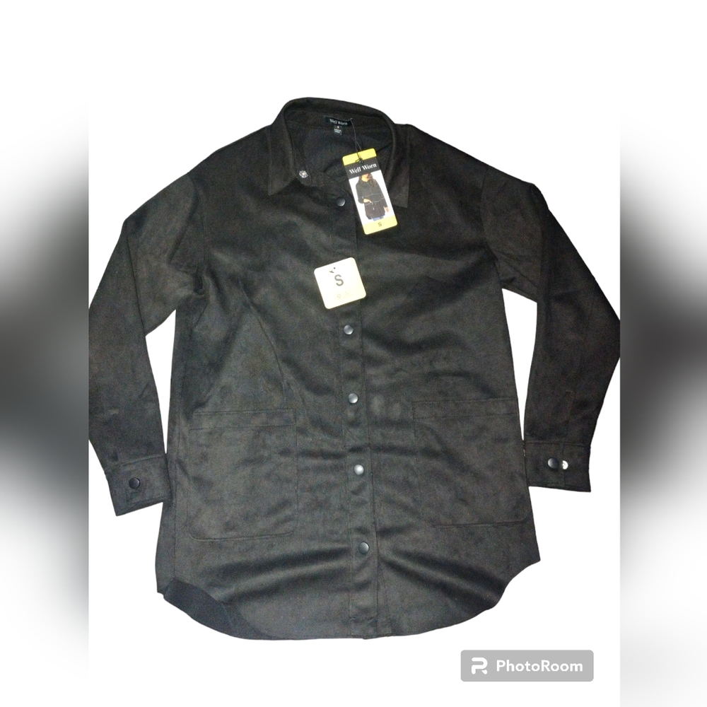 Well worn black soft faux suede longline shacket shirt jacket